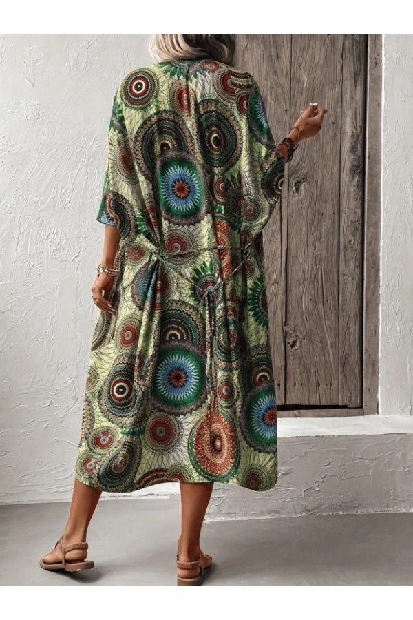 Bidebuvar Kadın Kısa Kollu önü Açık Belden Kuşaklı Uzun Kimono