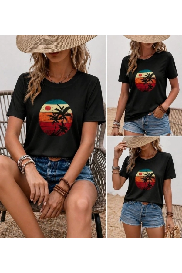 Bidebuvar Kadın Kısa Kollu Palmiye Baskılı Viskon Bluz