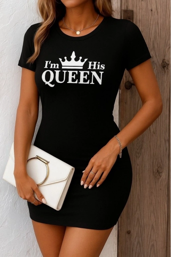 Bidebuvar Kadın Kısa Kollu Queen Baskı Iki Iplik Mini Elbise
