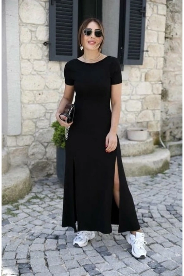 Bidebuvar Kadın Kısa Kollu Sırt Dekolteli Yırtmaç Detaylı Viskon Elbise