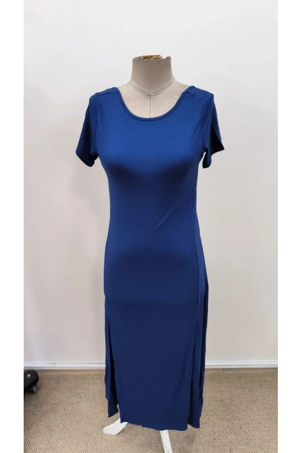 Bidebuvar Kadın Kısa Kollu Sırt Dekolteli Yırtmaç Detaylı Viskon Elbise