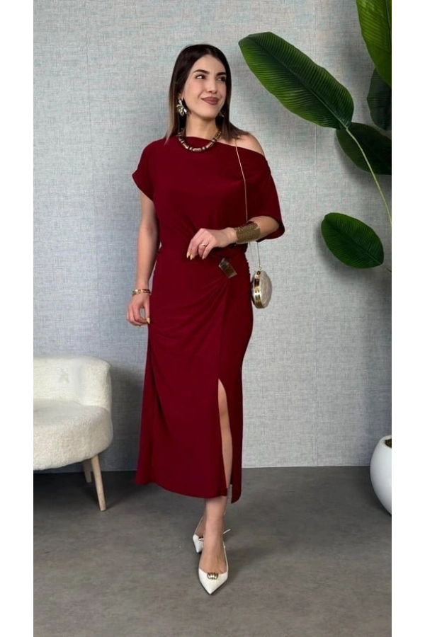 Bidebuvar Kadın Kısa Kollu Tek Omuzdan Açık Beli Lastikli Sandy Maxi Elbise