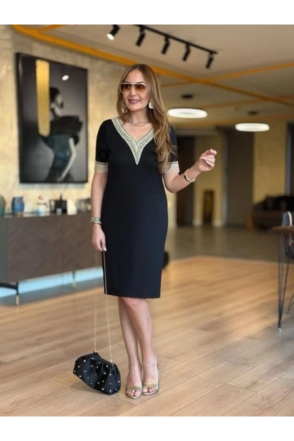 Bidebuvar Kadın Kısa Kollu V Dantel Yaka Viskon Iki Iplik Elbise