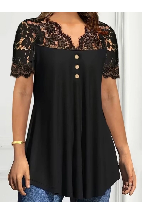 Bidebuvar Kadın Kısa Kollu V Dantel Yakalı Düğmeli Viskon Bluz
