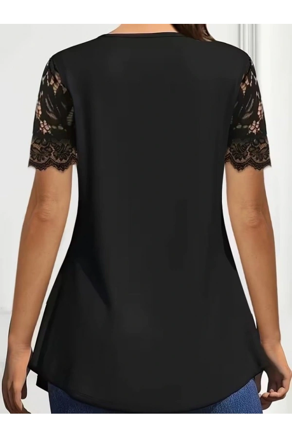 Bidebuvar Kadın Kısa Kollu V Dantel Yakalı Düğmeli Viskon Bluz
