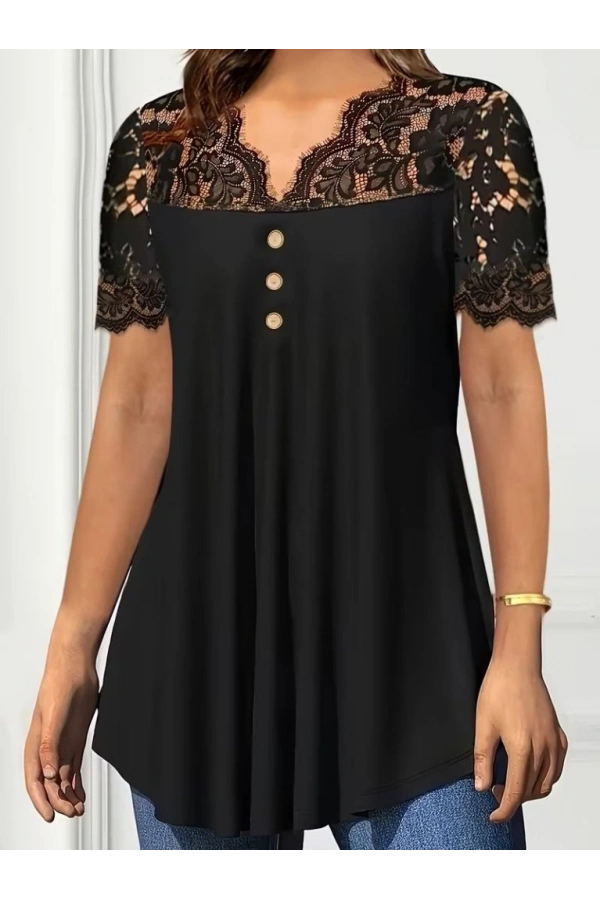 Bidebuvar Kadın Kısa Kollu V Dantel Yakalı Düğmeli Viskon Bluz