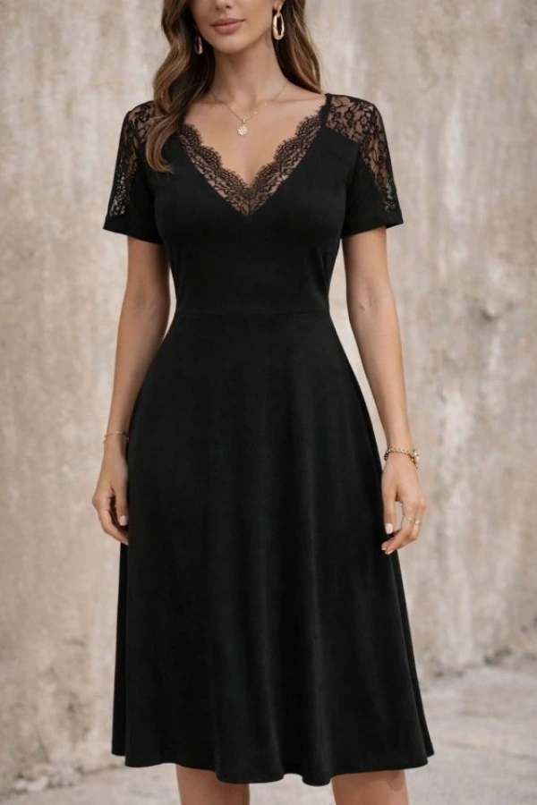 Bidebuvar Kadın Kısa Kollu V Dantel Yakalı Midi Viskon Elbise