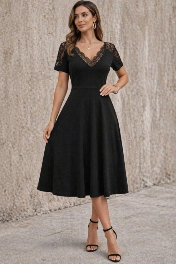 Bidebuvar Kadın Kısa Kollu V Dantel Yakalı Midi Viskon Elbise