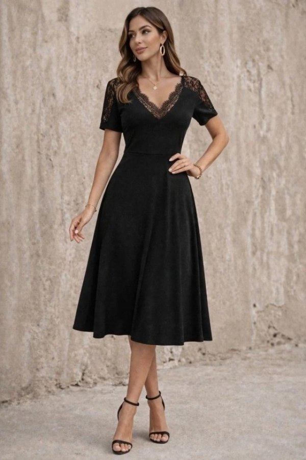 Bidebuvar Kadın Kısa Kollu V Dantel Yakalı Midi Viskon Elbise