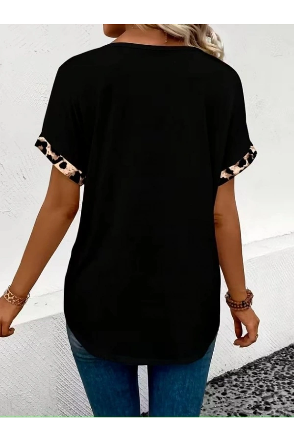 Bidebuvar Kadın Kısa Kollu V Leopar Yakalı Viskon Bluz