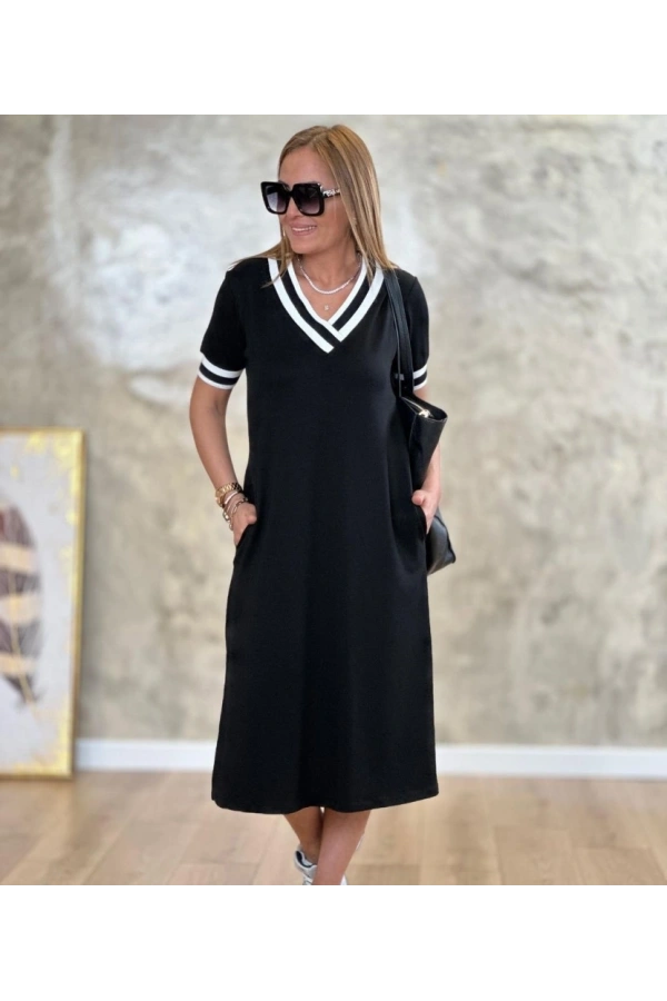 Bidebuvar Kadın Kısa Kollu V Yaka Kol Ve Yaka Ribana Detay Midi Boy Viskon Elbise