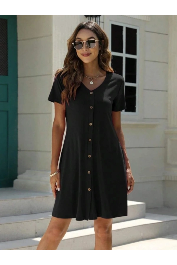 Bidebuvar Kadın Kısa Kollu V Yaka önü Düğmeli Viskon Elbise