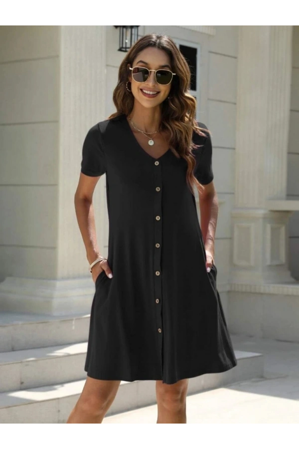 Bidebuvar Kadın Kısa Kollu V Yaka önü Düğmeli Viskon Elbise