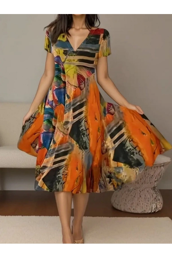 Bidebuvar Kadın Kısa Kollu V Yaka Renkli Karışık Desen Kloş Süprem Midi Elbise
