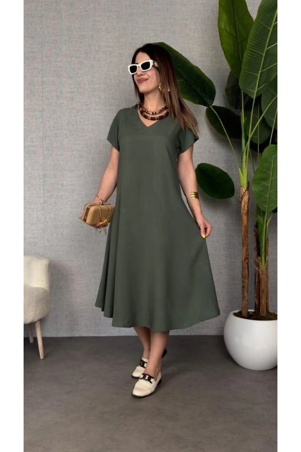 Bidebuvar Kadın Kısa Kollu V Yaka Salaş Maxi Boy Elbise