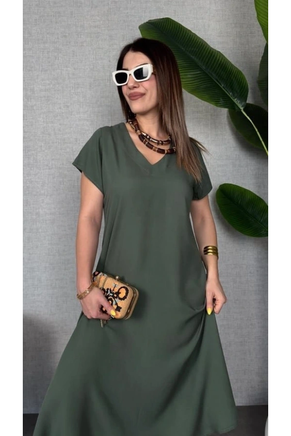 Bidebuvar Kadın Kısa Kollu V Yaka Salaş Maxi Boy Elbise
