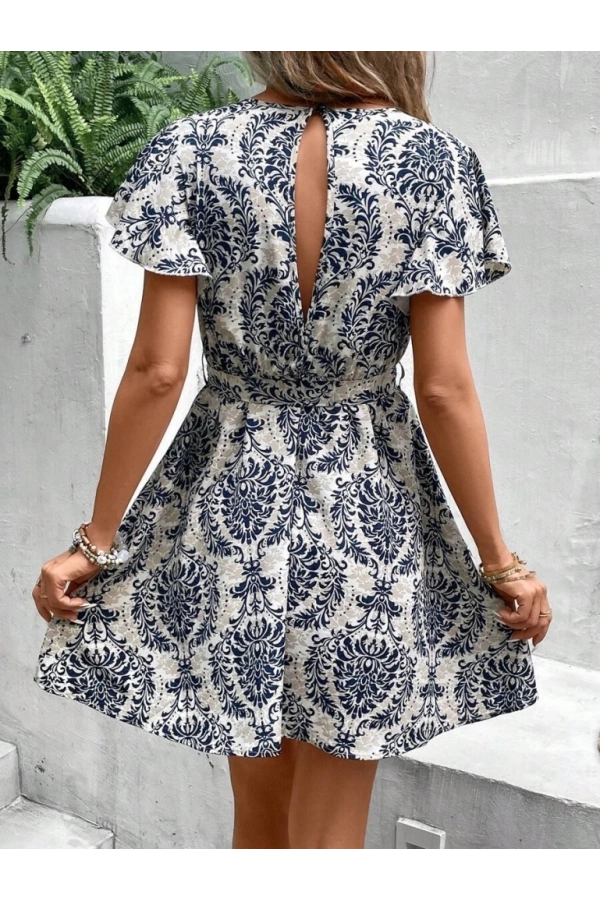 Bidebuvar Kadın Kısa Kollu V Yakalı Beli Kuşaklı Desenli Sofya Elbise