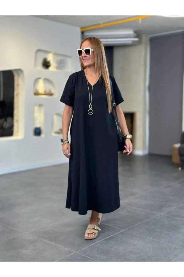 Bidebuvar Kadın Kısa Kollu V Yakalı Cep Detaylı Uzun Viskon Iki Iplik Elbise