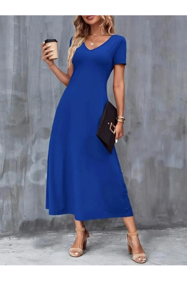 Bidebuvar Kadın Kısa Kollu V Yakalı Cepli Viskon Elbise