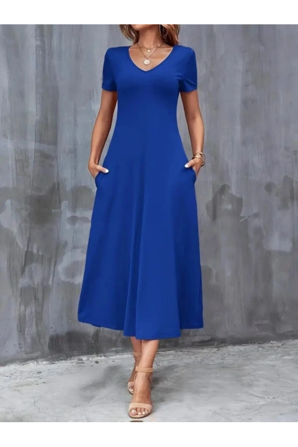 Bidebuvar Kadın Kısa Kollu V Yakalı Cepli Viskon Elbise