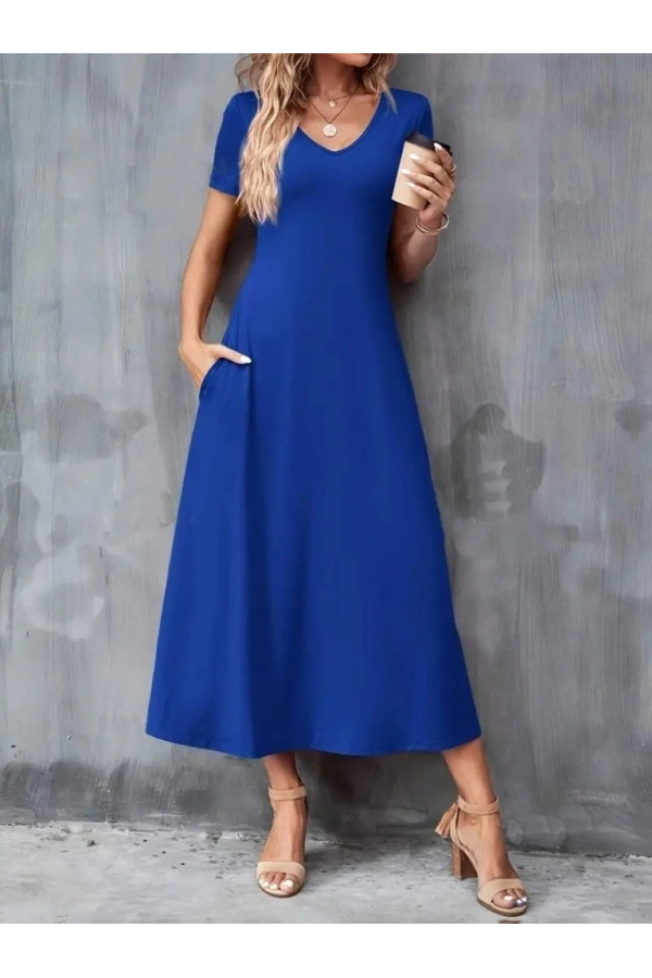 Bidebuvar Kadın Kısa Kollu V Yakalı Cepli Viskon Elbise