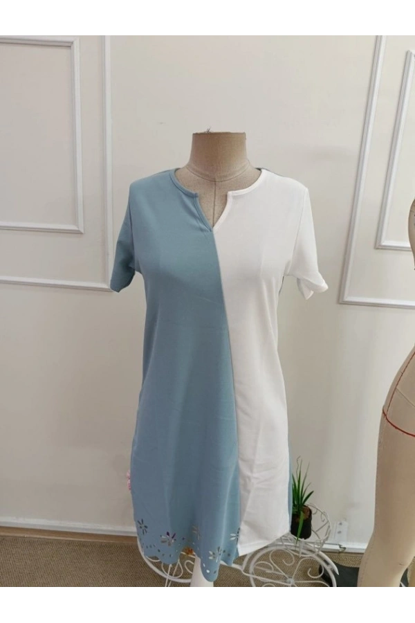 Bidebuvar Kadın Kısa Kollu V Yakalı çift Renklç Kısa Lazer Kesim çiçek Detaylı Ithal Krep Elbise