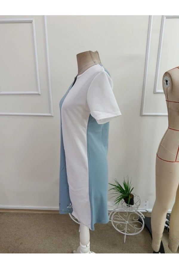 Bidebuvar Kadın Kısa Kollu V Yakalı çift Renklç Kısa Lazer Kesim çiçek Detaylı Ithal Krep Elbise