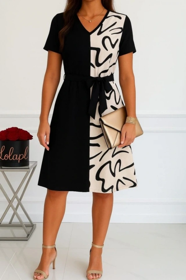Bidebuvar Kadın Kısa Kollu V Yakalı çift Renkli Desenli Beli Kuşaklı Atlas Elbise