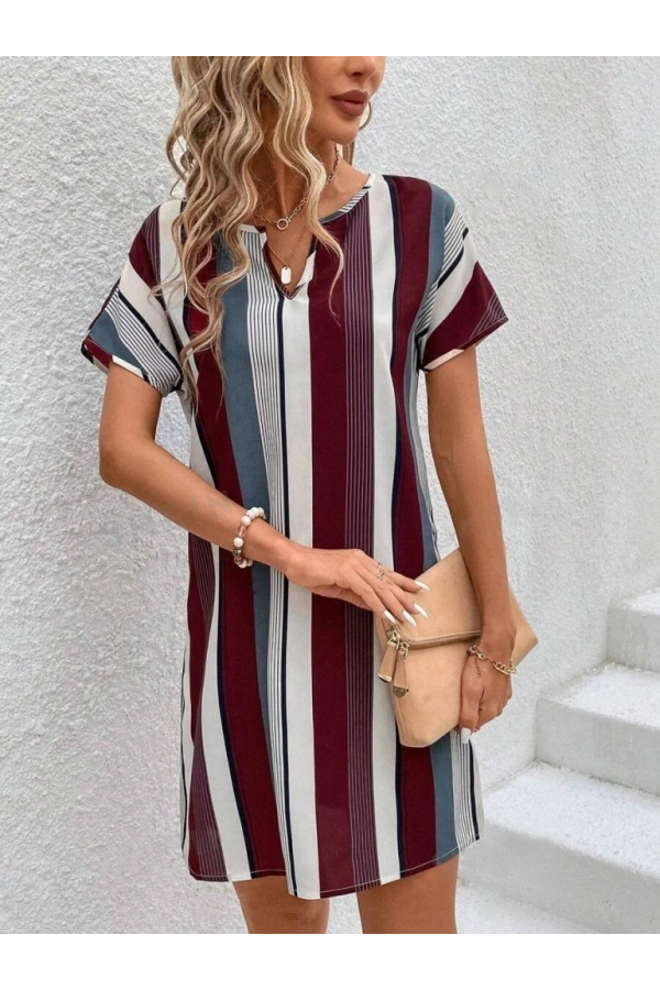 Bidebuvar Kadın Kısa Kollu V Yakalı çizgi Baskılı Süprem Elbise