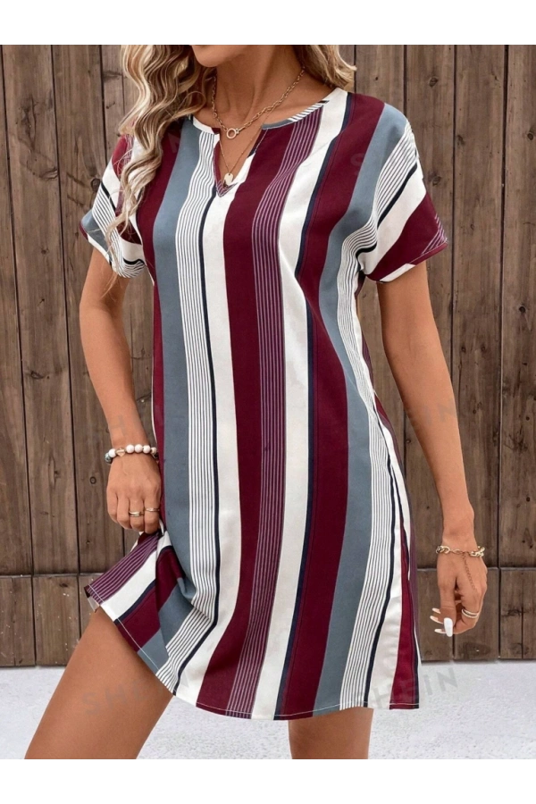 Bidebuvar Kadın Kısa Kollu V Yakalı çizgi Baskılı Süprem Elbise