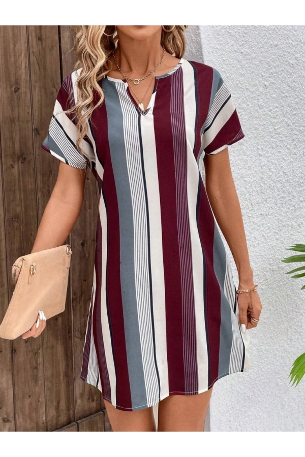 Bidebuvar Kadın Kısa Kollu V Yakalı çizgi Baskılı Süprem Elbise