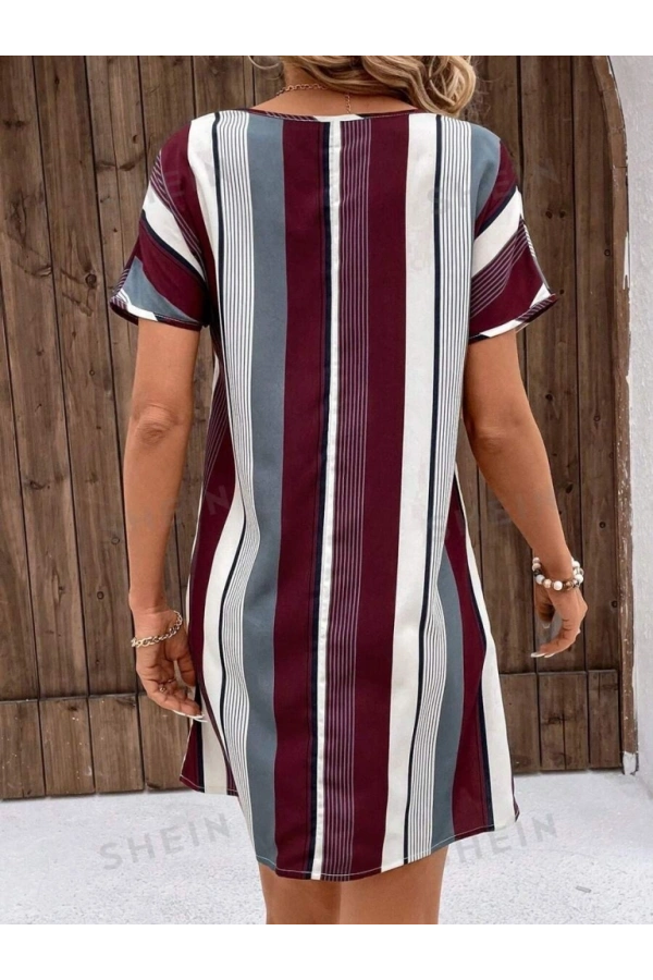 Bidebuvar Kadın Kısa Kollu V Yakalı çizgi Baskılı Süprem Elbise