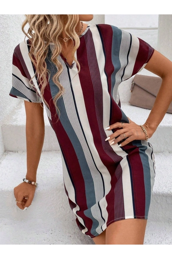 Bidebuvar Kadın Kısa Kollu V Yakalı çizgi Baskılı Süprem Elbise