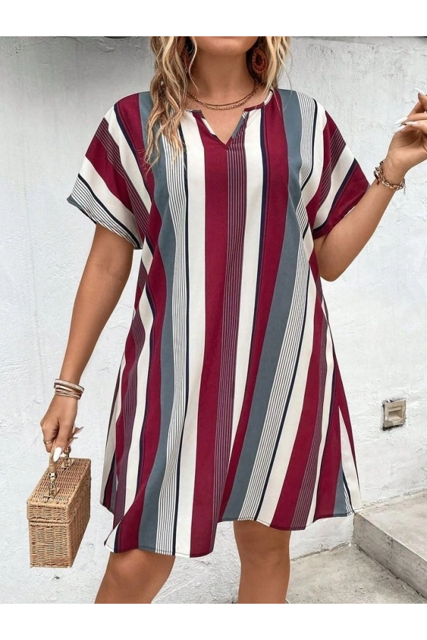 Bidebuvar Kadın Kısa Kollu V Yakalı çizgi Baskılı Süprem Elbise