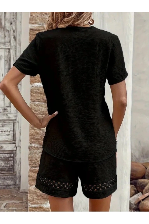 Bidebuvar Kadın Kısa Kollu V Yakalı Dantel Detaylı Bürümcük Bluz Ve Short Ikili Takım