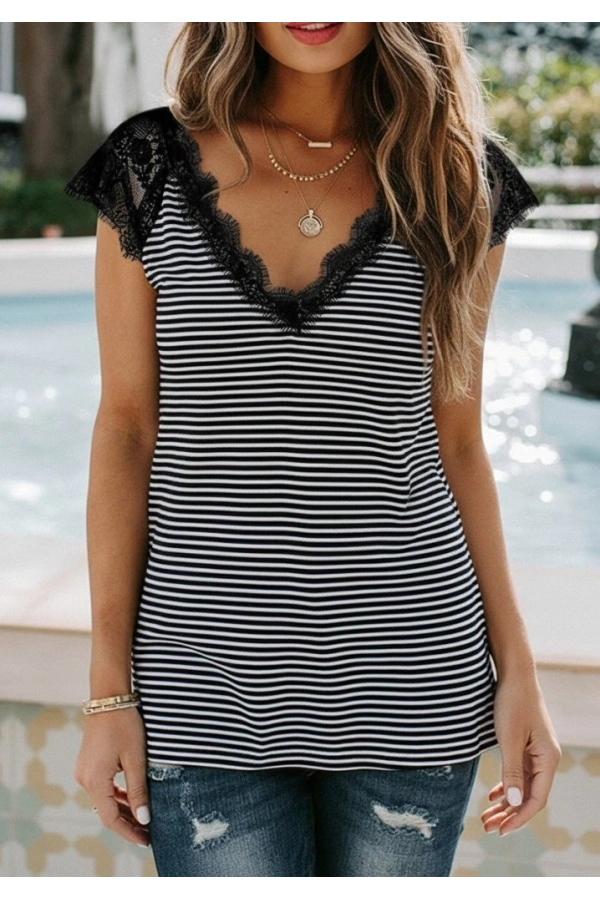 Bidebuvar Kadın Kısa Kollu V Yakalı Dantelli Süprem Bluz