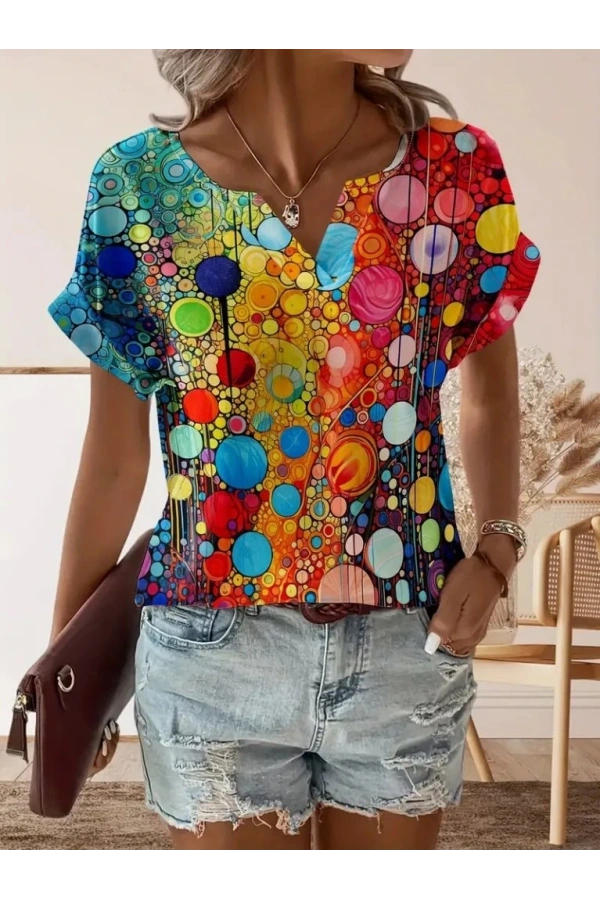 Bidebuvar Kadın Kısa Kollu V Yakalı Desenli Süprem Bluz