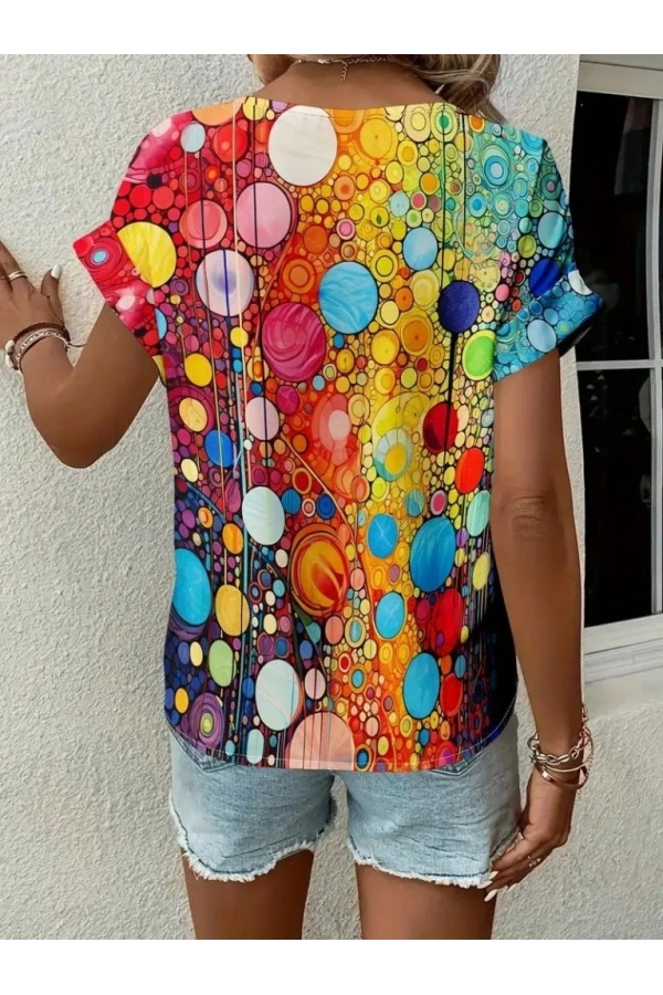 Bidebuvar Kadın Kısa Kollu V Yakalı Desenli Süprem Bluz