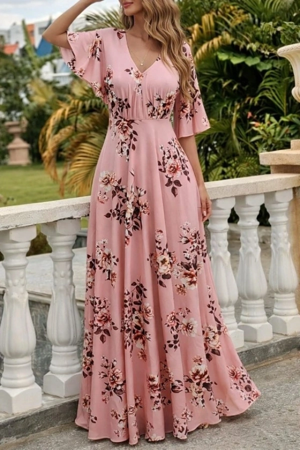 Bidebuvar Kadın Kısa Kollu V Yakalı Desenli Süprem Elbise