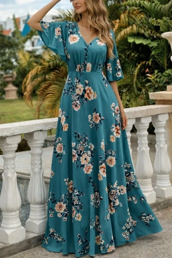 Bidebuvar Kadın Kısa Kollu V Yakalı Desenli Süprem Elbise