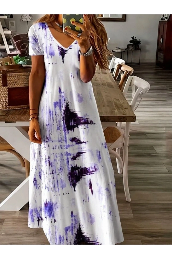 Bidebuvar Kadın Kısa Kollu V Yakalı Desenli Uzun Süprem Elbise