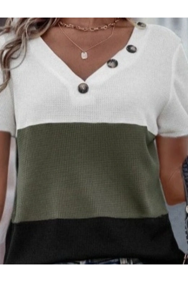 Bidebuvar Kadın Kısa Kollu V Yakalı Düğmeli Waffle Bluz