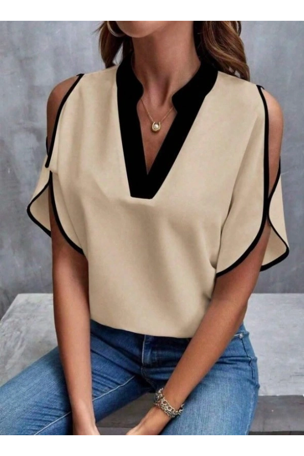 Bidebuvar Kadın Kısa Kollu V Yakalı Ithal Krep Bluz