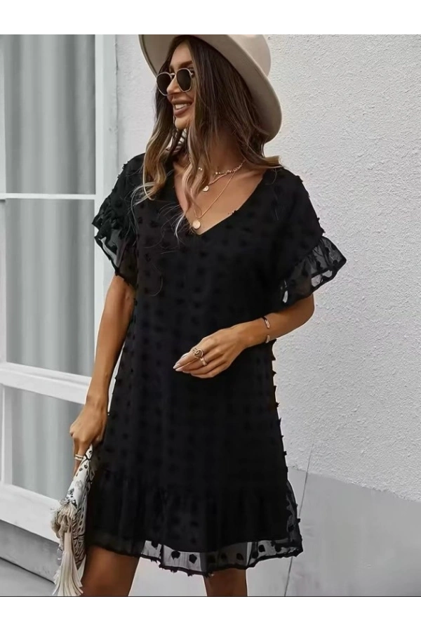 Bidebuvar Kadın Kısa Kollu V Yakalı Kısa Puantıyeli şifon Elbise