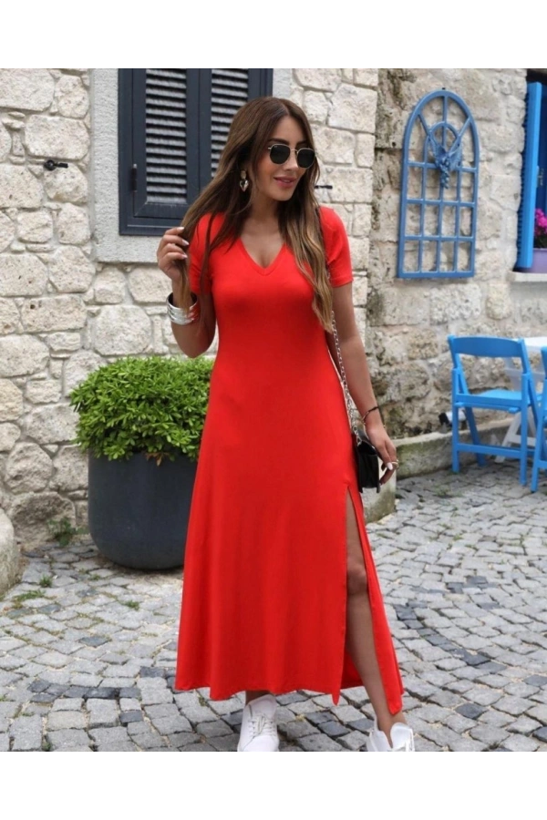 Bidebuvar Kadın Kısa Kollu V Yakalı Maksi Boy Viskon Elbise