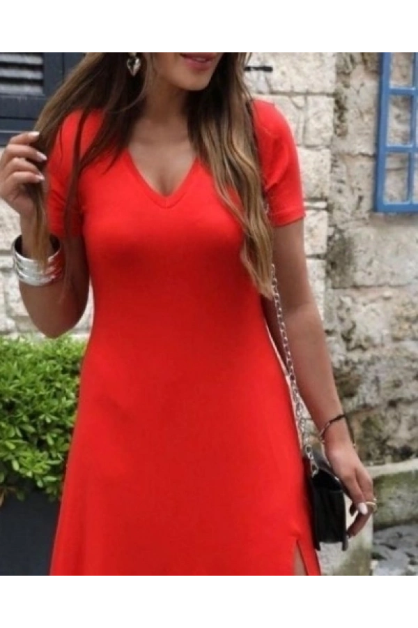 Bidebuvar Kadın Kısa Kollu V Yakalı Maksi Boy Viskon Elbise