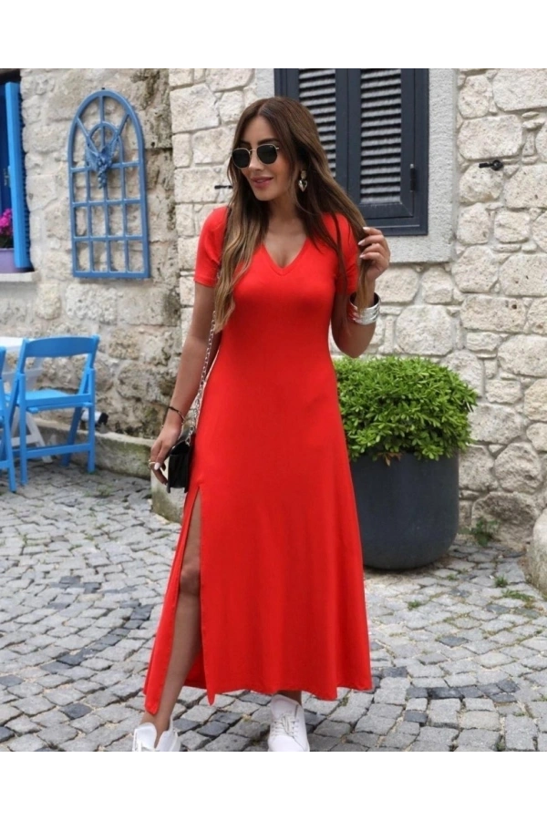 Bidebuvar Kadın Kısa Kollu V Yakalı Maksi Boy Viskon Elbise