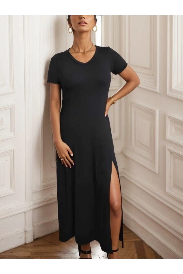 Bidebuvar Kadın Kısa Kollu V Yakalı Maksi Boy Viskon Elbise