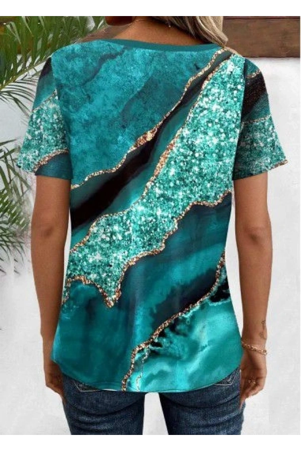 Bidebuvar Kadın Kısa Kollu V Yakalı önden Düğmeli Baskılı Süprem Bluz