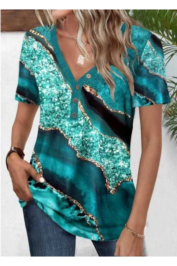 Bidebuvar Kadın Kısa Kollu V Yakalı önden Düğmeli Baskılı Süprem Bluz